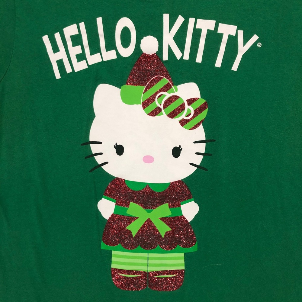 Hello‎ Kitty Junior XXL Elf Christmas Green T Shirt Sparkle Holiday Festive Top
